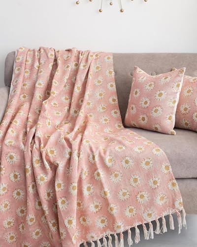Image of Cotton Sofa Throw Floral Printed, Pink Couch Cover, 177.8 x 127 cm or 50x70 Inch (Sunflower Daisy Print)