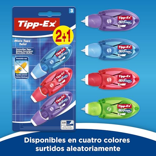 BIC Tipp-Ex Cinta Correctora de Bolígrafos, Óptimo para Material Escolar, Micro Tape Twist, 8m x 5mm, Con Cabezal Rotativo, Blíster de 3, Multicolor - imagen 2
