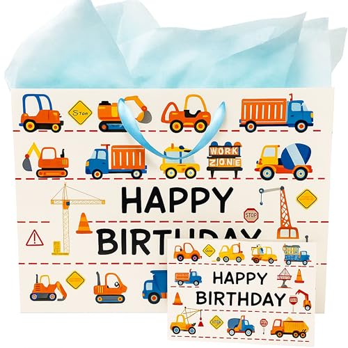 Shimmer Anna Shine 13″ Large Construction Vehicles Birthday Gift Bag Set – Trucks, Tractors & Cranes Design with Matching Tissue & Card – Fun Birthday Packaging for Boys