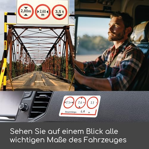 Hinweis-Aufkleber Fahrzeugmaße I Größe I Länge x Breite x Höhe x Gewicht I für Wohnwagen Bus Kfz I Piktogramm I Sicherheitsaufkleber I selbstklebend I beschreibbare Folie I weiß I hin545