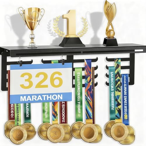 JUJOYBD Medaillenhalter für Medaillen Pokale und Startnummern Trophäenregal mit Medaillenaufhänger & Nummernhalter Auszeichnungen Präsentationsregal für Sportfans Wandmontage Schwarz