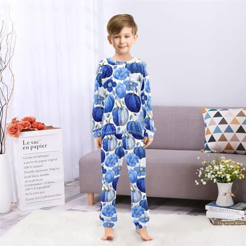 Blue Pumpkins Flowers Fall Soft Pajama Set for All Seasons,Breathable Pjs Long Sleeve Sleepwear,Comfy Loungewear 2 Piece Underwear Set 8T4