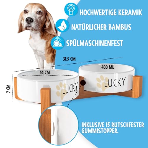 OWLBOOK Pfoten Motiv Futternapf personalisiert Hundenapf mit Namen oder Wunschtext Doppelnapf aus Keramik mit Bambus Gestell Futternapf Napf Wassernapf Keramik, Bambus 300 ml