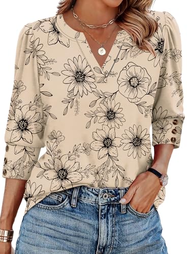 3/4 Length Sleeve Womens Tops for Teachers Boho Tops Blouses Dressy Casual Early Fall Fashion Must Haves 2026 Summer Outfits Womens Clothing Trendy Fall Clothes Outfits Beige Floral L