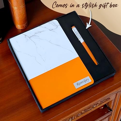 Image of SAVRI Personalized Marble Finish Diary- Engraved Name Notebook with Employee Name & Company Logo -Non-Dated Office & Corporate Gift, Joining Kit, Birthday Gift, Ideal for Writers & Personal Use