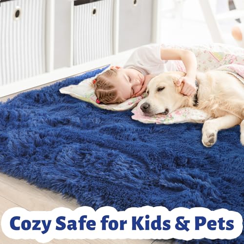 Amdrebio Navy Blue Area Rugs for Boys Bedroom, 5x8 Shag Fluffy Furry Plush Rug for Kids Room, Living Room Decor Aesthetic, Cool Royal Dark Blue Carpet for Baby Nursery Classroom Office Dorm Playroom