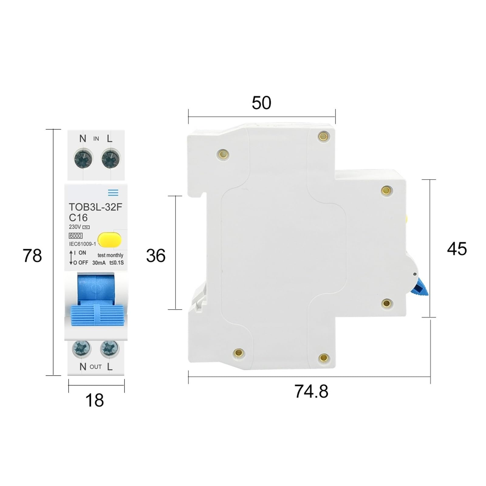 Disyuntor diferencial automático RCBO 1P+N 6KA con protección contra sobrecorriente, 18 mm, 230 V, 50/60 Hz, 1 unidad(10A)