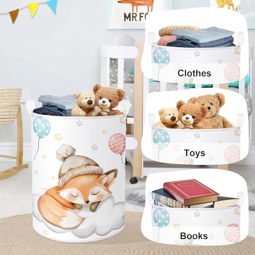 Image of Sleeping Animals Baby Laundry Hamper Collapsible Clothes Kids Storage Basket Large Boys Girls Gift Toy Box Bin for Nursery, Fox, 63L