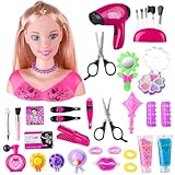 Makeup and Hair Styling Doll Head Toy Kit - 35Pieces Kids Pretend Play Set with Hair Dryer Washable Cosmetics Style Accessories, Makeup Practice Birthday Gifts for Girls
