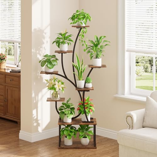 Image of Plant Stand Indoor with Grow Lights - Lighted Plant Shelf Indoor, 63 inch Tall Plant Stands for Indoor Growing, 8 Tier Corner Flower Display Shelf, Large Tree-Shaped Holder for Living Room Bedroom Black