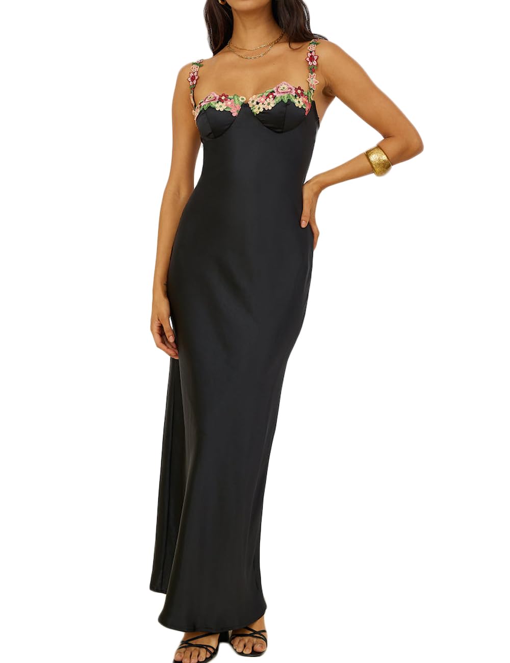 Sexy Satin Spaghetti Strap Floral Embroidered Maxi Dress for Women Sweetheart Neckline Backless Sleeveless Slit Midi Dress