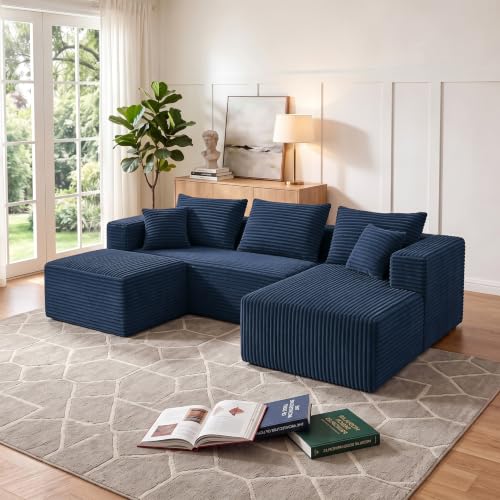 Image of 93 inch U-Shaped Boneless Couch, Corduroy Cloud Couch Sectional with Chaise and Ottoman, Deep Seat Modular Sectional Sofas for Living Room, No Assembly - Navy Blue (Right Facing Chaise)