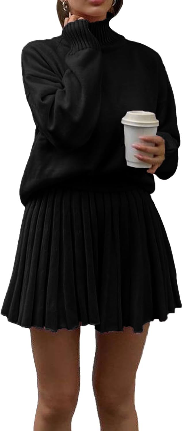 Women's 2 Piece Outfits Turtleneck Long Sleeve Oversized Pullover Sweaters and Pleated Mini Skirt Two Piece Sets - Image 2