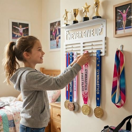 Image of AGATHOS HOME Medal Hanger Display with Trophy Shelf - Metal Awards Rack for Walls Holds 64+ Sports Medals- Our Never Give Up 16 inch Medal Holder Awards Trophy Display