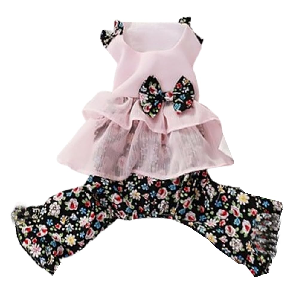 CELONROMF Summer Dog Dress with Bow Knot Breathable Girl Small Puppy Clothes Spring Pet Pajamas Pjs Lightweight Floral Doggy Onesie Jumpsuit Holiday