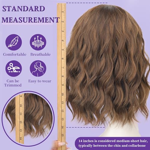 Image of AISI HAIR Synthetic Wavy Curly Bob Wig with Bangs Brown Highlight Short Hair for Women Synthetic Heat Resistant Bob Wigs