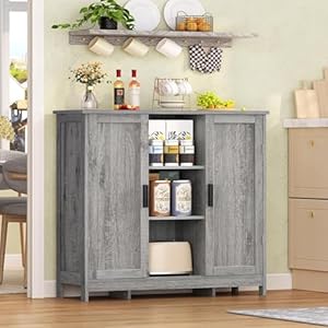 Storage Cabinet with 2 Doors and 4 Storage Shelves, Bathroom Cabinet, Buffet Cabinet, Coffee Bar for Living Room, Home Office, Entryway, Grey Storage Cabinet with 2 Doors and 4 Storage Shelves Bathroom Cabinet Buffet Cabinet Coffee Bar for Living Room Home Office Entryway Grey
