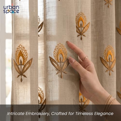 Image of Urban Space Cotton Sheer Curtain Pack of 1, Embroidered Semi Transparent Door Curtains 7 feet for Living Room, Bedroom & Balcony, 1 Pc Curtain with Eyelets and Tieback (Saanjhi Amber Brown - 7 feet)