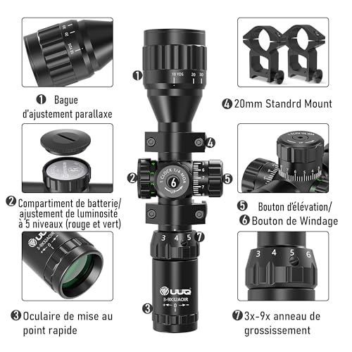 UUQ 3-9x32 Tactical Rifle Scopes,Front AO (Parallax Adjustment) Red Green Illuminated, Mil-dot Reticle,Locking/Hold Zero Turrets, High Profile Mount Rings - Image 5