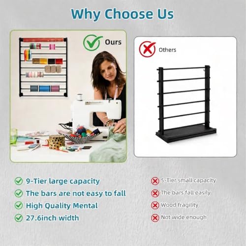 Image of 9 Tier Ribbon Storage Organizer, Wall Mounted Ribbon Holder, Wrapping Paper Rack for Craft Room, Cake Shop, Flower Store, Scarf Belt Organizer - Black, Metal, 27.55 x 35.43 x 3.93 Inches