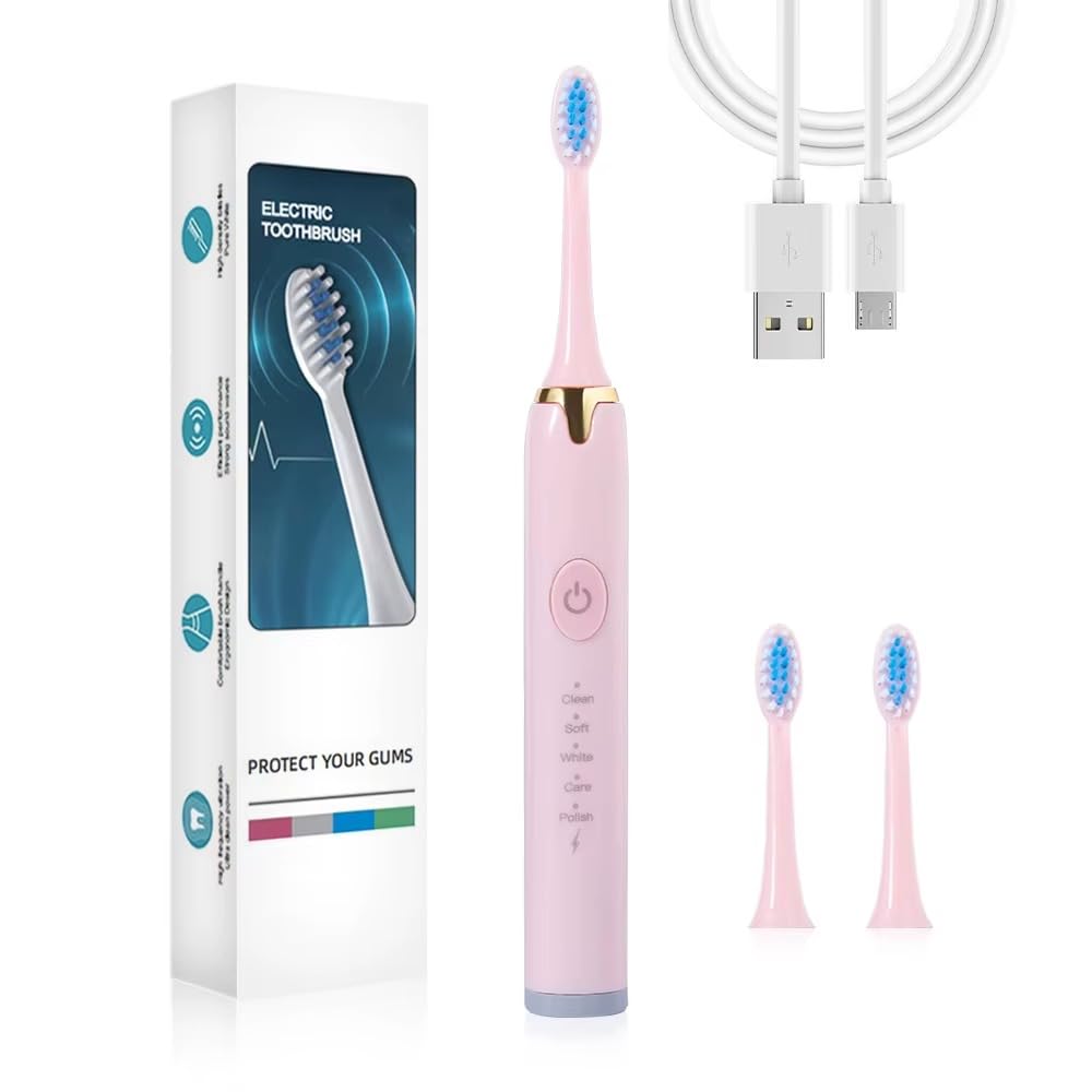 SBF Rechargeable Electric Toothbrush with 5 Cleaning Modes, 2 Brush Heads & USB Charging – Sonic Power Toothbrush for Adults with Smart Timer (E80-Pink) - Amazon product rated Grade B