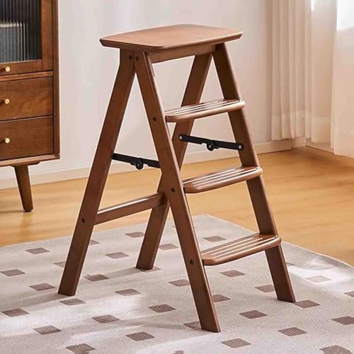 Foldable Wooden Step Stool, 3 Step Ladder, 2-in-1 Foot Stool and Display Shelf for Home and Kitchen