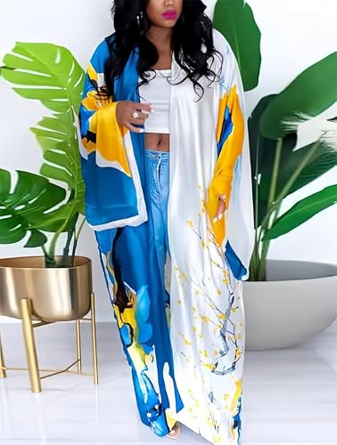 Image of Kimono Cardigan for Women Long Boho Satin Kimono Robes Plus Size Open Front Beach Swimsuit Cover Ups Lightweight Duster