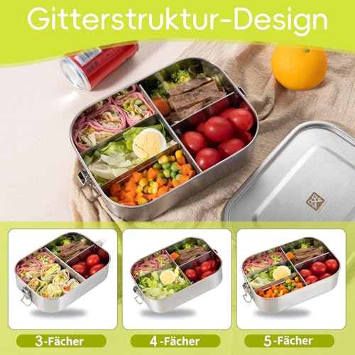 GOLDEN KEY Edelstahl Lunchbox 1400ml füR Erwachsene, Edelstahl Brotdose mit Fächern und Ersatz-Silikonring… – Ansicht 3