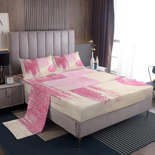 Homemissing Juego de sábanas de 4 piezas geométricas abstractas de color rosa y beige, con bolsillos de 16 pulgadas de profundidad para niños y niñas, ropa de cama de arte minimalista de microfibra