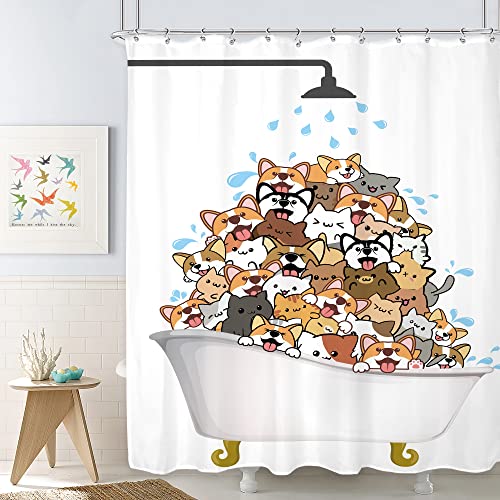 SVBright Cats Shower Curtain Raining Kids Cartoon Dogs Corgi Cute Animal Bathtub 60Wx72L Inch Funny Kawaii Hilarious Pet Playing Water12 Pack Hooks Polyester Waterproof Fabric Bathroom Bathtub Panels
