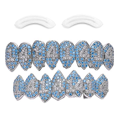 Sharplace 18 Karat Hip Hop Zähne Grills Mund obere und untere Zähne-Grills Diamant Gangster Halloween Cosplay - Weißgold-Set