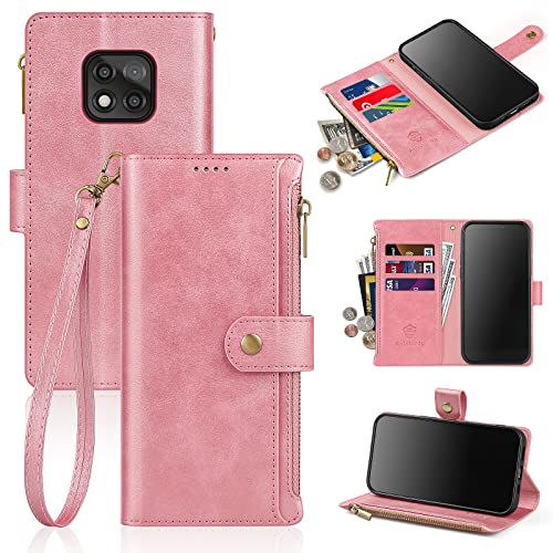 Antsturdy Motorola Moto G Power 2021 Wallet case with Card Holder for Women Men,Moto G Power 2021 Phone case RFID Blocking PU Leather Flip Cover with Strap Zipper Credit Card Slots,Rose Gold