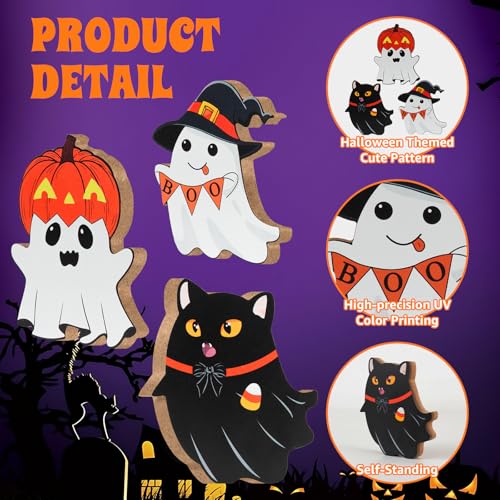 Cute Ghost Halloween Decorations Indoor, Witch Pumpkin Black Cat Candy Corn Wooden Tiered Tray Signs Decor for Table Office Desk Fireplace Mantle (Set of 3)