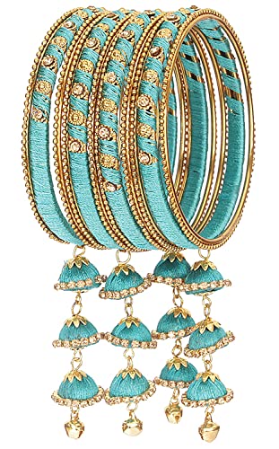 Image of NMII Metal & Silk Thread Jhumka Zircon Latkan Stylish Bangles Set For Women's and Girls | Women's Fancy Latkan Bangles Set | Ethnic Fashion Jewellery- Set of 12 Bangle, (G405 Radium-2.8(2.8))