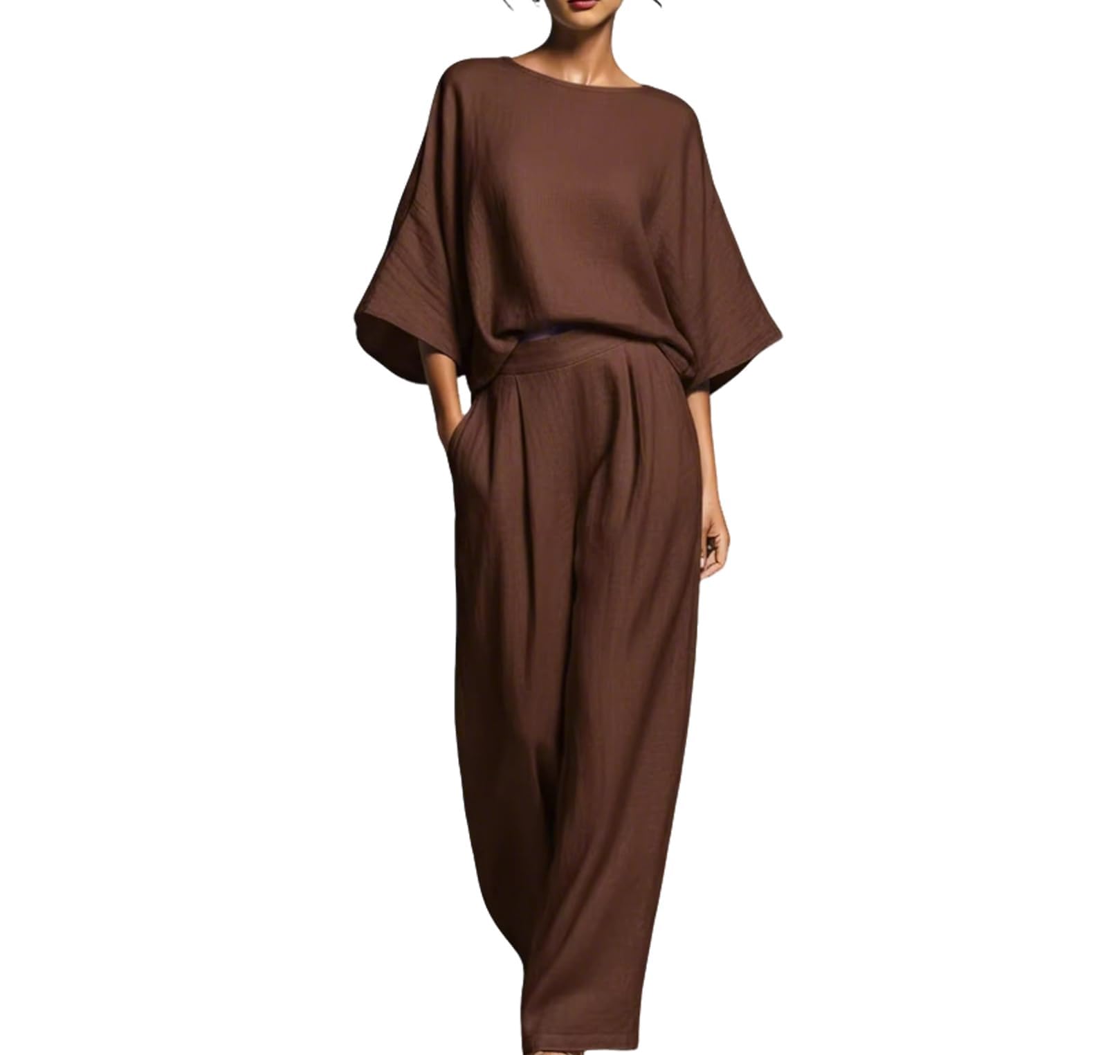 Generisch Women 's Summer Linen Set Solid Color Two Piece Loungewear mit Rundhalsausschnitt Flared Sleeve Top und Wide Leg Pants.