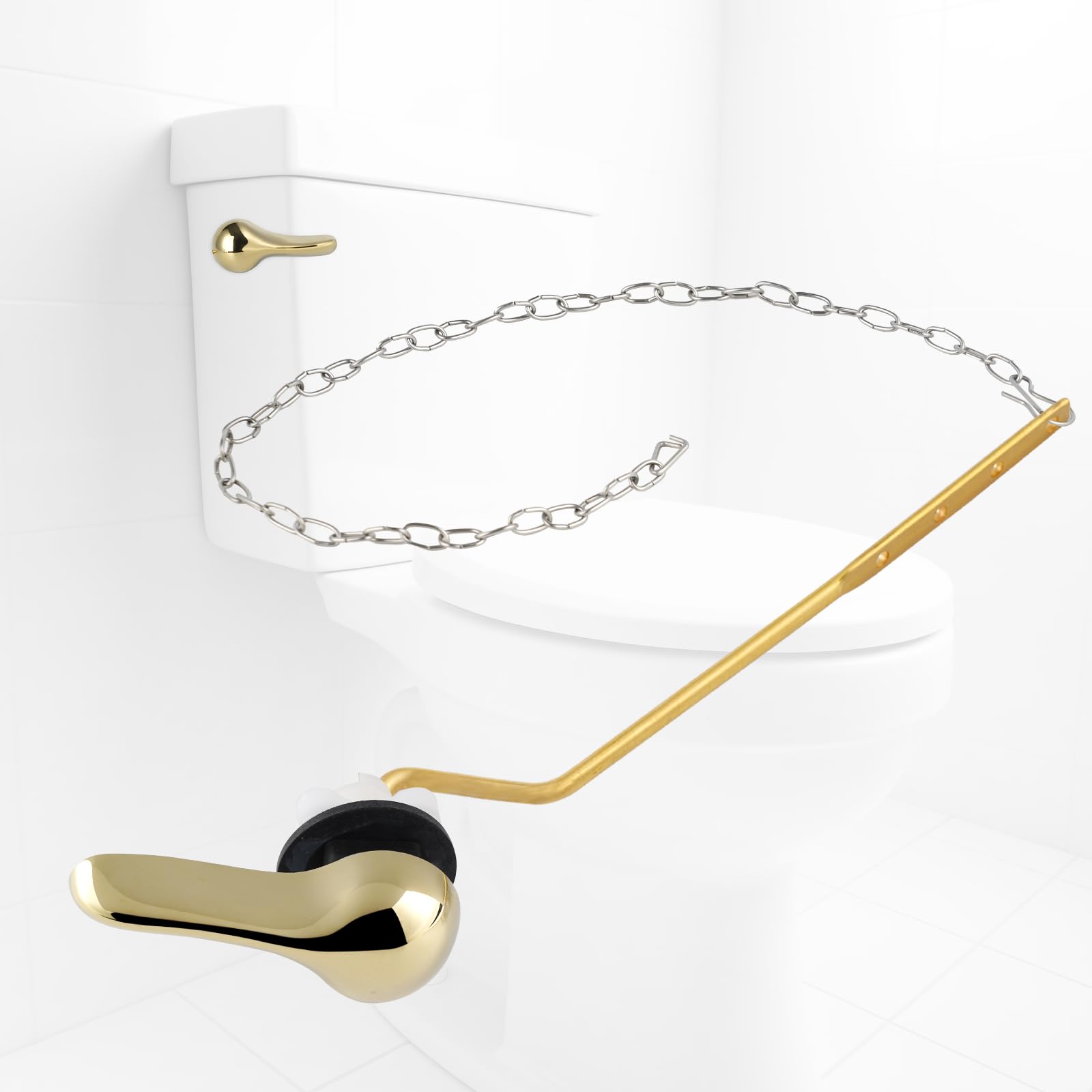 iFealClear Polished Gold Side Mount Toilet Tank Flush Lever Replacement, Universal Angle Mount Toilet Handle Replacement Kit, Solid Brass