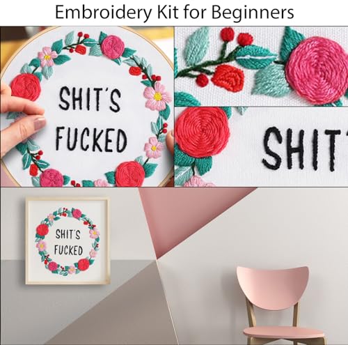 Image of Louise Maelys Funny Embroidery Kit for Beginners,Cross Stitch Kits for Adults,Flower Wreath Needlepoint for Starters Including Instruction and Threads