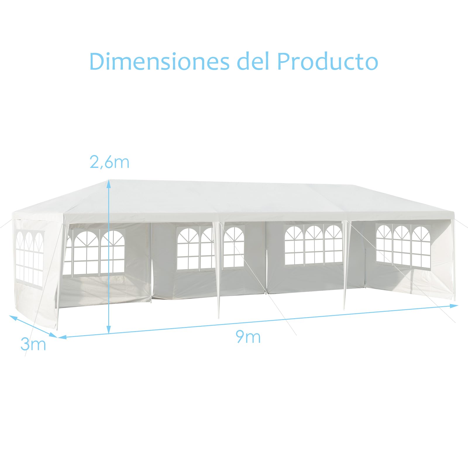 RELAX4LIFE Carpa Plegable 3x9m con 8 Paredes Desmontables y Ventanas, Carpas para Exteriores con 8 Cuerdas de Viento, 24 Clavos y Bolsa de Transporte, Cenadores para Jardín, Camping (3X9M|8 Paredes)