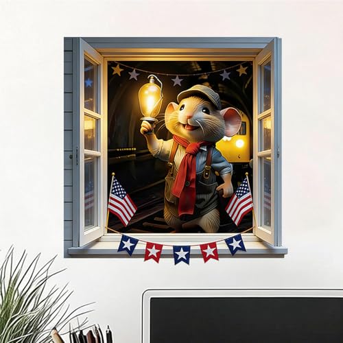 Vinilo decorativo 3D ventana falsa ratón y linterna 39.9 cm