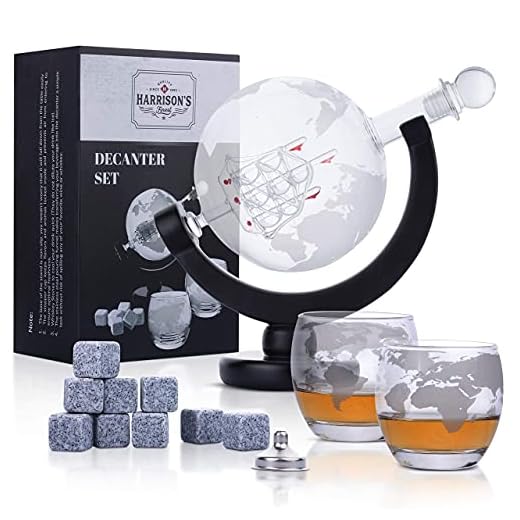 Glas-Whisky-Karaffen Set | Kugelkaraffe mit Glasstopfen | geätzten Kugelgläsern | Edelstahl-Ausgießtrichter und Whiskysteinen