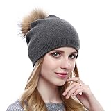 QUEENFUR Women Knit Wool Beanie - Winter Fashion Solid Wool Hats Real Removable Raccoon Fur Pom Pom Warm Ski Beanie (Drak Grey)