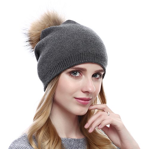 Women Knit Wool Beanie - Winter Fashion Solid Wool Hats Real Removable Raccoon Fur Pom Pom Warm Ski Beanie