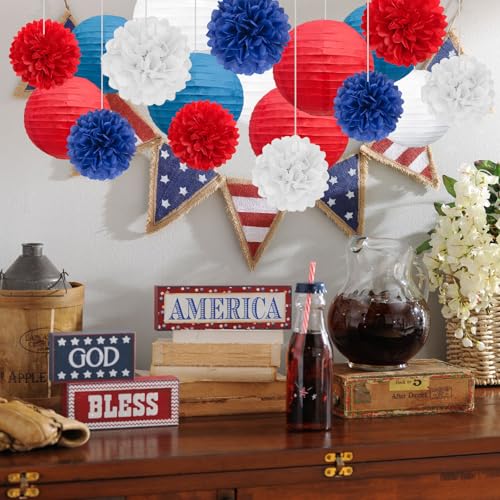 Image of 18 PCS Red White Blue Paper Lanterns & Tissue Paper Pom Poms for July 4th Independence Day, Memorial Day, Baseball Party, Patriotic Veteran Celebration Theme Party Decoration Set Supplies