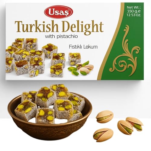 Delícias turcas 100 g | Sem glúten | sabor a rosa das usas, confeitaria tradicional de luxo, vegan, halal, o melhor Lokum Turco, Loukoumi, Turkish delight (350 g com pistácios)