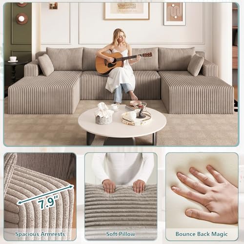 Image of 124 inch U-Shape Cloud Couch, Modern Modular Sectional U-Shape Sofa, Corduroy Boneless Couch Upholstered Couches Deep Seat Sleeper Chaise Longue for Living Room, No Assembly Required,Camel