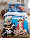Aymax Parure de Lit One Piece 100% Coton   Housse de Couette 240x220 cm + 2 Taies d'oreiller 65x65 cm   Motif Luffy & Thousand Sunny   Certifiée Oeko Tex   Idée Cadeau Manga pour Lit 2 Personnes