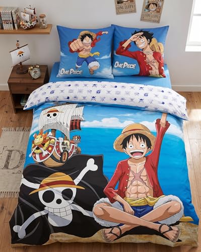 Aymax Parure de Lit One Piece 100% Coton - Housse de Couette 240x220 cm + 2 Taies d'oreiller 65x65 cm - Motif Luffy & Thousand Sunny - Certifiée Oeko-Tex -...