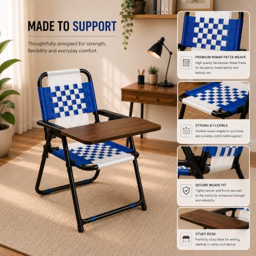 Image of Study Chair for Home with Writing Pad, Foldable Study Chair for Students, Niwar Seat and Back, Metal Frame, Folding Student Seat for Reading, Writing and Laptop Work, (Blue & White)