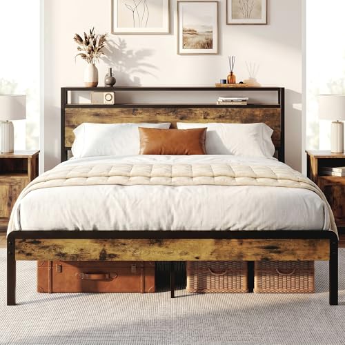 LIKIMIO Queen Size Bed Frame Platform Bed with 2-Tier Storage Headboard