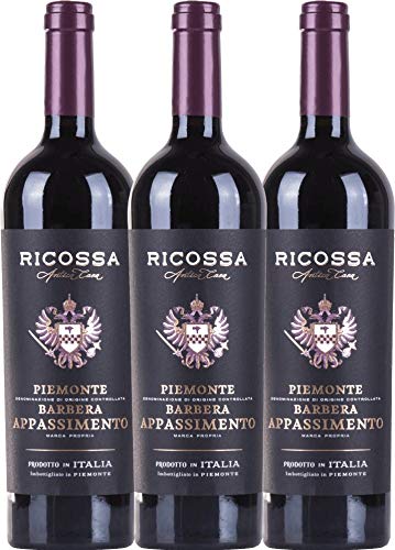 VINELLO 3er Weinpaket - Barbera Appassimento DOC 2021 - Ricossa mit einem VINELLO.weinausgießer | 3 x 0,75 Liter Cover